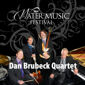 The four musicians known as the Dan Brubeck Quartet with their instruments. A drummer at his kit, a pianist at a grand piano, a guitarist holding his guitar in front of him with both hands and a bass player holding the neck of his bass which is standing on the floor. Behind them is a black backdrop with swirls and the logo to the Water Music Festival 2024.