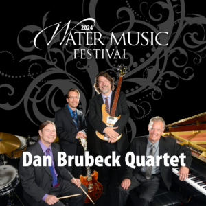 The four musicians known as the Dan Brubeck Quartet with their instruments. A drummer at his kit, a pianist at a grand piano, a guitarist holding his guitar in front of him with both hands and a bass player holding the neck of his bass which is standing on the floor. Behind them is a black backdrop with swirls and the logo to the Water Music Festival 2024.