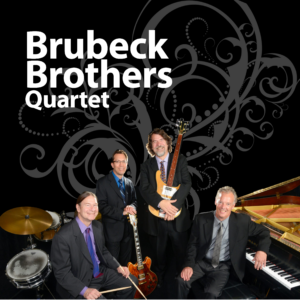 The Water Music Society presents a special concert with the Brubeck Brothers Quartet featuring a photo of the four band members with their instruments against a black background with swirling grey designs.