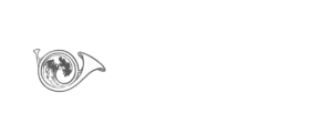Logo for Water Music Society featuring a stylized French horn with flowing water incorporated into the design, followed by the text "Water Music" stacked above "S O C I E T Y" in a serif font.