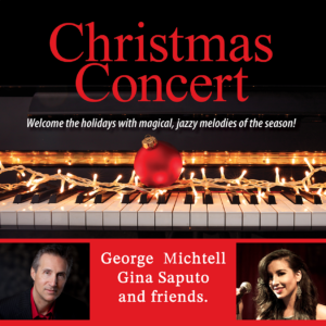 Promotional image for Water Music Society's Christmas Concert featuring George Mitchell and Gina Saputo. The image shows a piano keyboard decorated with warm white lights and a shiny red ornament. Above, "Christmas Concert" is in large red text. Below, against a red background, are headshots of George Mitchell, a grey-haired man in a dark suit and red shirt, and Gina Saputo, a dark-haired woman in a sparkly black top holding a microphone.
