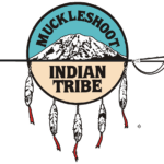 Logo for the Muckleshoot Indian Tribe featuring a mountain, spear, feathers, and text "MUCKLESHOOT INDIAN TRIBE".