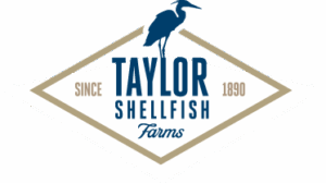 Logo for Taylor Shellfish Farms featuring a blue heron atop a diamond shape with text "SINCE TAYLOR 1890" and "SHELLFISH Farms".