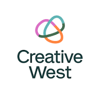 A stylized, abstract logo featuring three intertwined, rounded shapes in teal, pink, and orange, positioned above the dark teal text "Creative West".