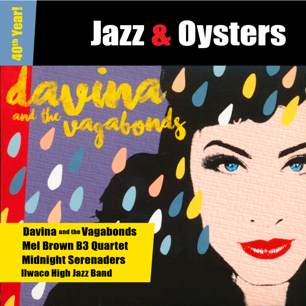 A stylized pop-art graphic features a woman with bright blue eyes and red lips, overlaid with colorful teardrop shapes in blue, orange, and yellow. The text "Jazz & Oysters" sits at the top in bold white and red against a black banner.