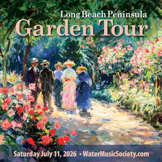 Impressionist-style painting of elegantly dressed figures in wide-brimmed hats strolling along a sun-dappled garden path lined with lush pink roses and flowering shrubs in full bloom. Text overlay reads "Long Beach Peninsula Garden Tour" at the top and "Saturday July 11, 2026 • WaterMusicSociety.com" along the bottom.