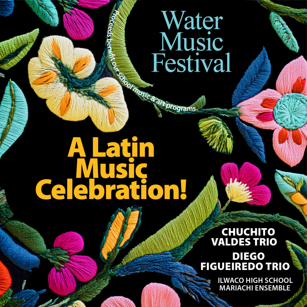 Vibrant, textured embroidery of pink and yellow flowers with green leaves surrounds the title "Water Music Festival: A Latin Music Celebration!" on a black background. The design features thick, visible stitching that gives the floral patterns a rich, handcrafted 3D appearance.